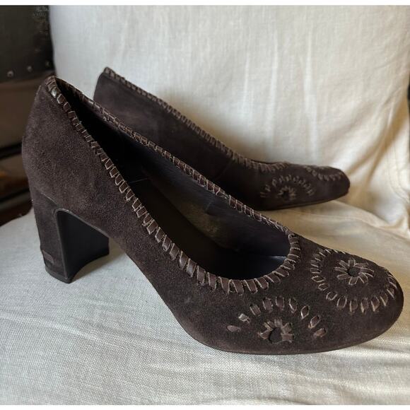 JACK ROGERS Chocolate Brown Suede Pumps Heels Size 8/9 stitched classy suede - Picture 2 of 16